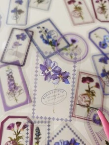 1pack/30pcs Purple Small Flower & Plant Decorated Pet Stickers Vintage Frame & Postage Style - Multicolor - View 4