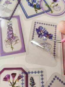 1pack/30pcs Purple Small Flower & Plant Decorated Pet Stickers Vintage Frame & Postage Style - Multicolor - View 5