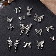 15 件蝴蝶指甲饰品水晶水钻，金属 3D 合金银蝴蝶饰品闪亮宝石指甲艺术装饰用品指甲配件 DIY 美甲