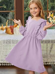 Blibean Vestido de manga larga y dobladillo con volantes para niña preadolescente de ajuste holgado y unicolor - Morado - Ver 3