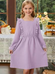 Blibean Vestido de manga larga y dobladillo con volantes para niña preadolescente de ajuste holgado y unicolor - Morado - Ver 1