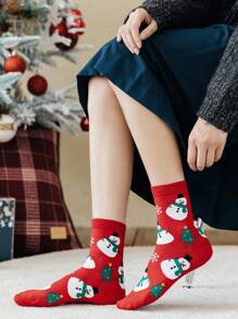 1 par/4 pares de calcetines cómodos y casuales de invierno con estampado de Papá Noel y hombre de jengibre para hombres
