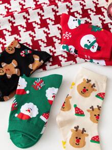 1 par/4 pares de calcetines cómodos y casuales de invierno con estampado de Papá Noel y hombre de jengibre para hombres