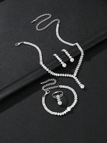 5入組豪華鑽石新娘婚禮珠寶套裝,包括項鏈和耳環,適用於女性晚宴派對配飾