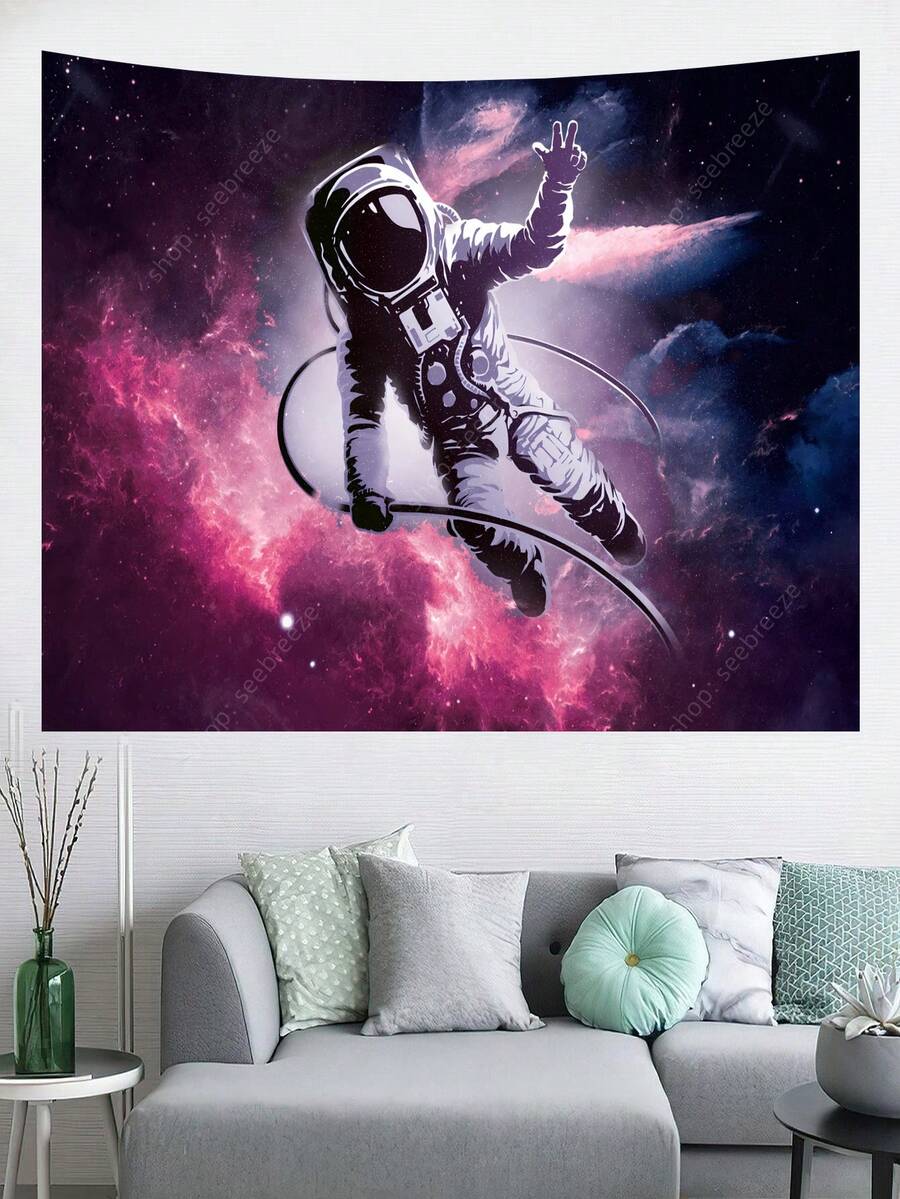 1入太空人圖案掛毯,優雅的聚酯多尺寸牆面裝飾,附免費安裝配件,容易掛起 - 彩色 - 查看 1