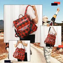 背包皮夾女用 Pu 人造皮革水牛格紋格子手提包手提包功能性駝色皮革旅行單肩包