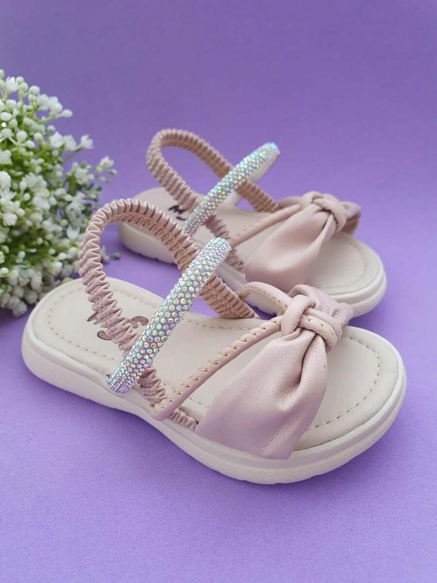 Girls' Rhinestone Elastic Sandals - Beige - View 1
