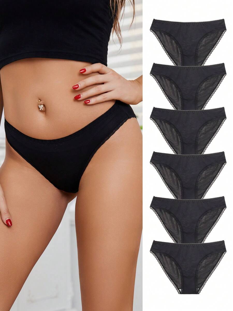6pcs/set Lace Pattern Thin Ice Silk Triangle Panty - Black - View 1