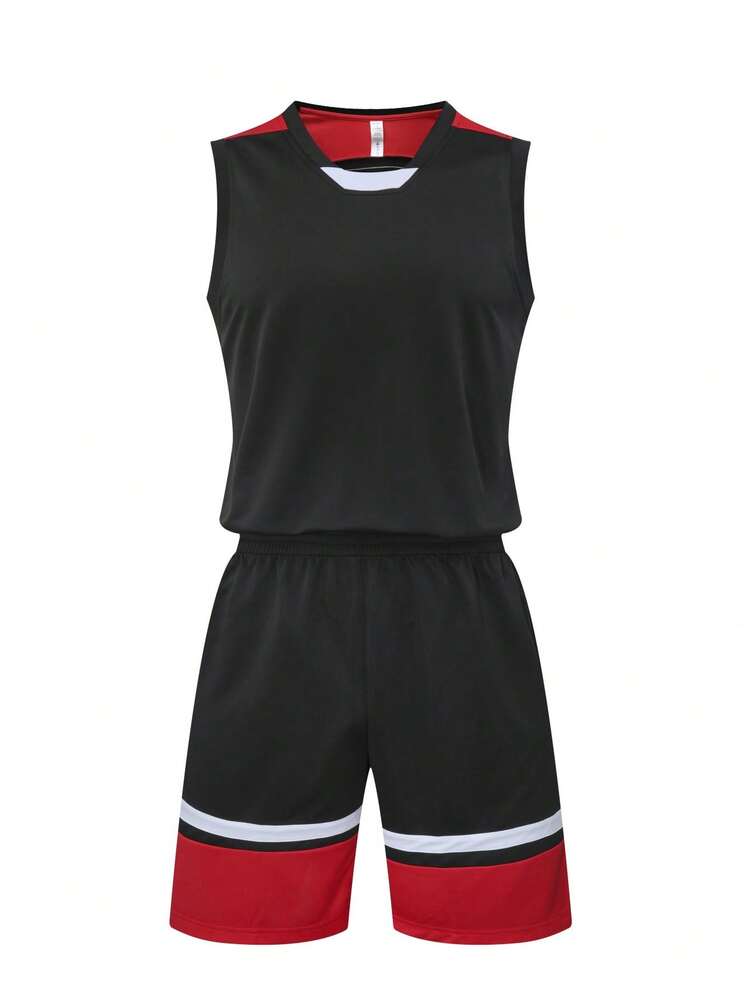 Conjunto De Uniforme De Baloncesto Para Hombres - Camiseta De Juego, Chaleco De Entrenamiento Para Adultos - Negro - Ver 1