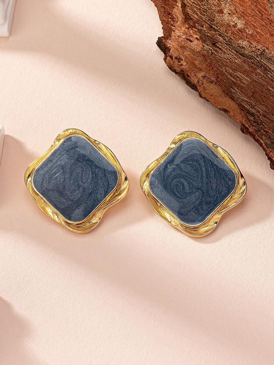 1pair Fashionable Square Shape Drip Oil Design Stud Earrings - Multicolor - View 1