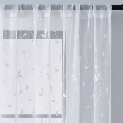 1pc Embroidered Window Curtain/Sheer With Leaf Pattern And Pocket, Faux Linen Floral Semi-Transparent Sheer Curtain For Living Room/Bedroom Privacy Protecting And Decorative Window Curtain, Breathable Flowers&Plants Green Leaves Sheer