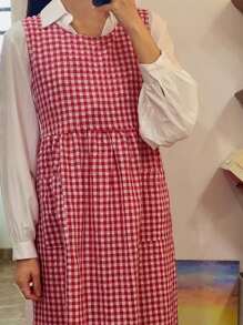 One Red And White Plaid Apron,Modern And Simple, Plus Size, Front And Back Split Style Anti-Fouling Coat,Suitable For Home Use/Kitchen Baking / Restaurant Cafe Flower Shop And Other Workplaces - red and white grid - View 3