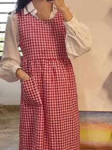 One Red And White Plaid Apron,Modern And Simple, Plus Size, Front And Back Split Style Anti-Fouling Coat,Suitable For Home Use/Kitchen Baking / Restaurant Cafe Flower Shop And Other Workplaces - red and white grid - View 4