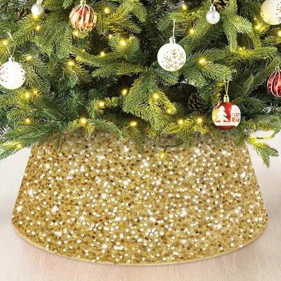 1pc Christmas Party & Home Decoration Gold 3d Tree Skirt With Glitter Detail, Tree Skirt And Tree Wrap Best Gifts Birthday Christmas Decorations Room Decor Winter