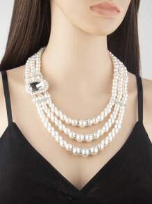 2pcs/Set Fashionable Exaggerated French-Style Multi-Layer Faux Pearl Necklace Set, Suitable For Banquets, Parties, Weddings, And Winter Sweater Dresses