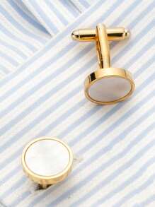 Men's French Cufflinks Set, Shell Design Sleeve Button And Gold-tone Cuff - Yellow Gold - View 4