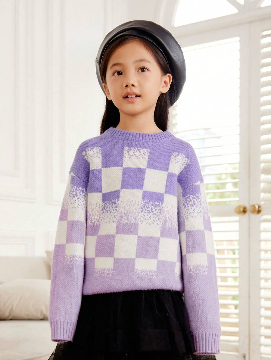 Annil 儿童毛衣，无论男女童，都是格子状，圆领，温暖的冬装，宽松有弹性的针织毛衣。 - 紫色 - 查看 1