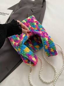 1 件針織鍊附開放式時尚休閒手提包、肩背包、斜背包女式