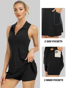 Desol 1套運動風網球裙+連身裙+短褲套裝，網球、高爾夫、戶外活動完美配搭 - 黑色 - 查看 4