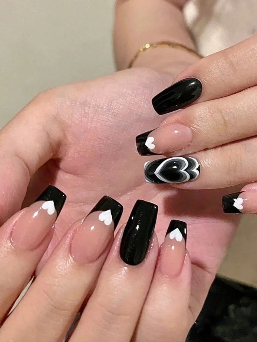 Conjunto de 24 uñas postizas acrílicas francesas de bailarina cortas de color negro, sólidas con corazón y mancha, que incluye 1 hoja de pestañas adhesivas y 1 lima miniatura, perfectas para uso diario de manicura - Multicolor - Ver 1