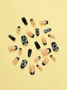 Conjunto de 24 uñas postizas acrílicas francesas de bailarina cortas de color negro, sólidas con corazón y mancha, que incluye 1 hoja de pestañas adhesivas y 1 lima miniatura, perfectas para uso diario de manicura - Multicolor - Ver 3