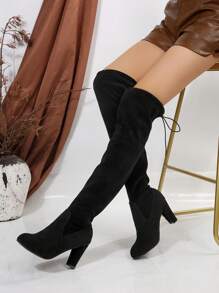Ideal With Tops,Women Fashion Solid Color Over-The-Knee High Heel Boots With Drawstring, Chunky High Heeled Boots
