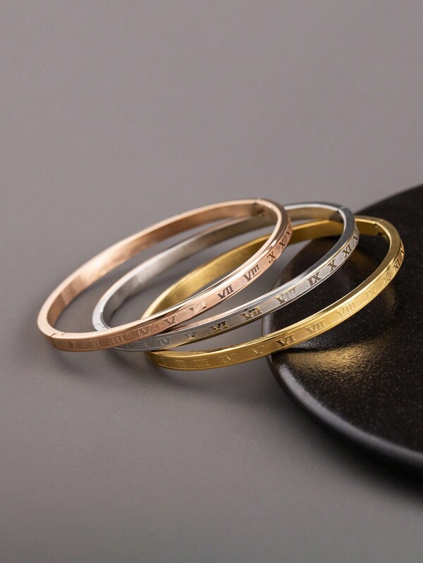 1pc Vintage & Fashionable 4mm Thin Stainless Steel Gold-plated Carved Roman Numerals Ellipse Buckle Bangle For Men & Women Everyday Wear Or Couple Use