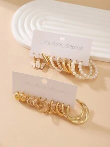 10雙/套流行幾何蝴蝶及人造珍珠環耳環套裝,適用於女性,節日禮物飾品 - 金黃色 - 查看 3