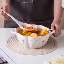 1pc Creative Hand Painted Tulip Pattern Ceramic Soup Bowl With Double Handles, Pumpkin Shape And Large Spoon For Home Use - Multicolor - View 4