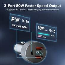 Maerknon 1PC 80W Silver USB Car Charger With LED Display 3 Ports PD Type C Fast Charge Charger In Car QC3.0 Car Charge Adapter Compatible With IPhone 15 Mobile Phone Quick Chargers Cigarette Lighter Car Charger - Silver - View 3