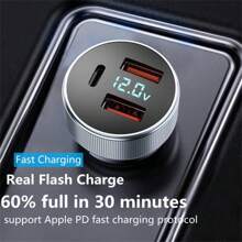 Maerknon 1PC 80W Silver USB Car Charger With LED Display 3 Ports PD Type C Fast Charge Charger In Car QC3.0 Car Charge Adapter Compatible With IPhone 15 Mobile Phone Quick Chargers Cigarette Lighter Car Charger - Silver - View 4