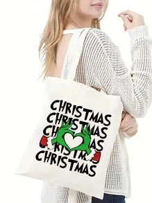 1個帆布購物袋,便攜式肩袋,時尚大容量手提袋,適用於日常生活禮物,派對完美禮物,適用於母親禮物,祖母禮物 - 白色 - 查看 1