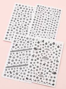 4 件裝聖誕黑色雪花指甲貼,浪漫冬雪聖誕蕾絲貼花設計 3d 美甲新年裝飾 Diy