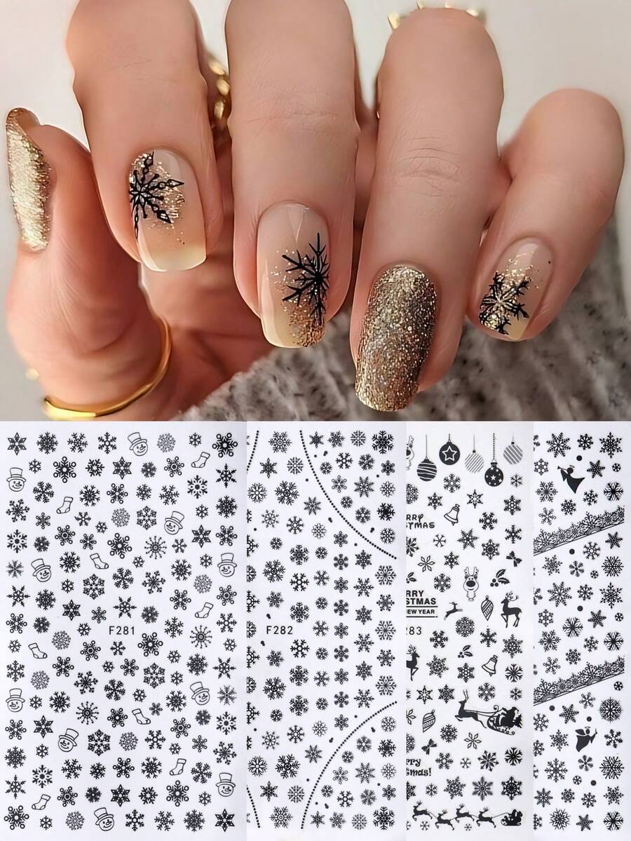 4 件裝聖誕黑色雪花指甲貼,浪漫冬雪聖誕蕾絲貼花設計 3d 美甲新年裝飾 Diy