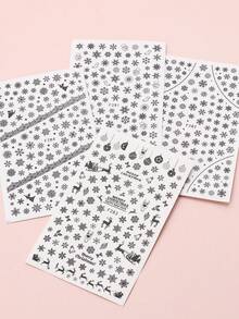 4 件裝聖誕黑色雪花指甲貼,浪漫冬雪聖誕蕾絲貼花設計 3d 美甲新年裝飾 Diy