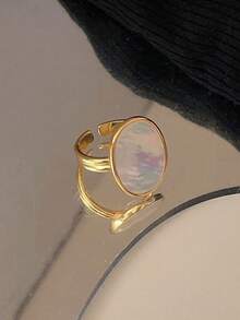 1 件纯银 S925 银复古优雅时尚椭圆形白色贝壳镀 18K 金开口指环适合女士女孩日常生活派对珠宝礼物 - 金色 - 查看 5