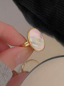 1 件纯银 S925 银复古优雅时尚椭圆形白色贝壳镀 18K 金开口指环适合女士女孩日常生活派对珠宝礼物 - 金色 - 查看 4