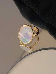 1 件纯银 S925 银复古优雅时尚椭圆形白色贝壳镀 18K 金开口指环适合女士女孩日常生活派对珠宝礼物 - 金色 - 查看 3