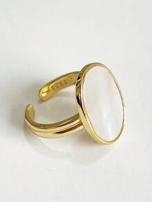 1 件纯银 S925 银复古优雅时尚椭圆形白色贝壳镀 18K 金开口指环适合女士女孩日常生活派对珠宝礼物 - 金色 - 查看 2