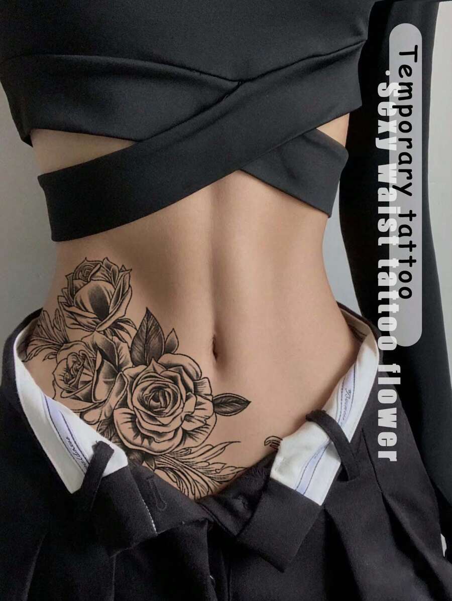 1片性感玫瑰圖案臨時紋身貼紙,適用於女性腰部,逼真的一次性假紋身貼紙,適用於男女在手臂和腿上 - 黑色 - 查看 1