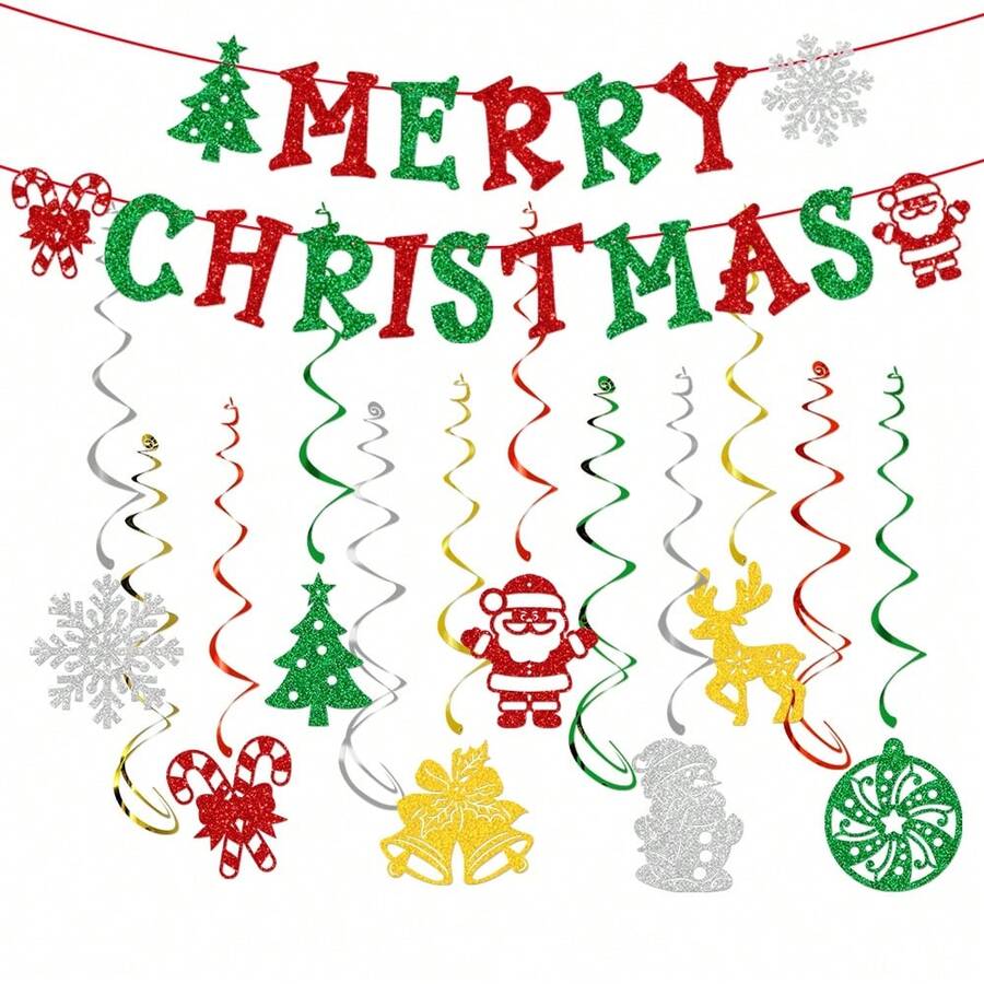 10入組聖誕派對裝飾套裝,包含掛旗、花朵、螺旋飾品,可用於聖誕樹裝飾
