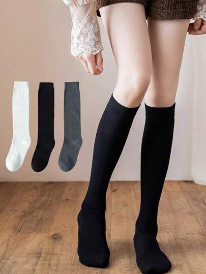 3双/套 女士纯色休闲过膝袜，适合春秋季穿着，舒适保暖