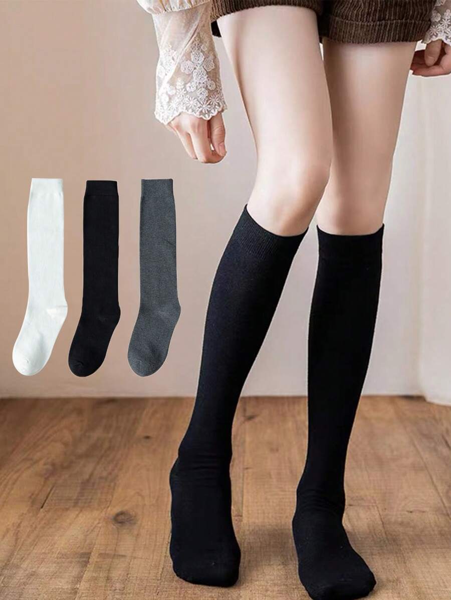 3双/套 女士纯色休闲过膝袜，适合春秋季穿着，舒适保暖 - 彩色 - 查看 1