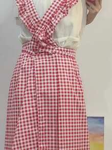 紅白相間格子圍裙一條,現代簡約的褶邊設計,配有雙口袋領帶式保護服,適用於家庭使用/廚房烘焙/野外露營/花店書店/餐廳咖啡館等工作場合