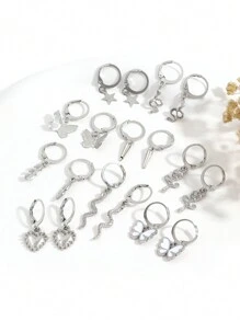 Set de 9 pares de pendientes decorativos para mujer con diseños de mariposa metálica, doble serpiente, flor, corazón, estrella y hoja para uso diario en San Valentín