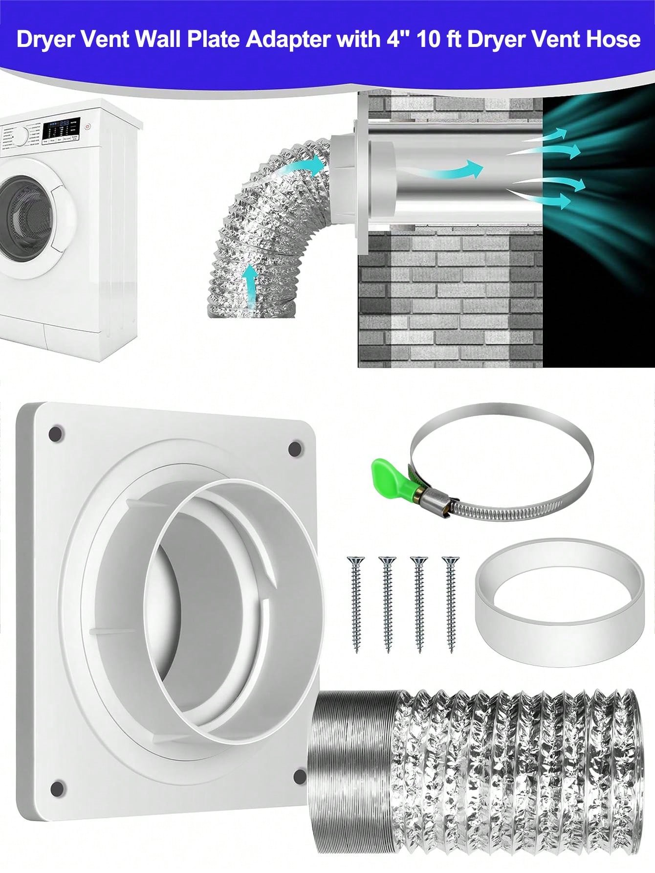 Dryer Vent Hose Connector Kit With 4 Inch Diameter, 10 Ft Long Vent