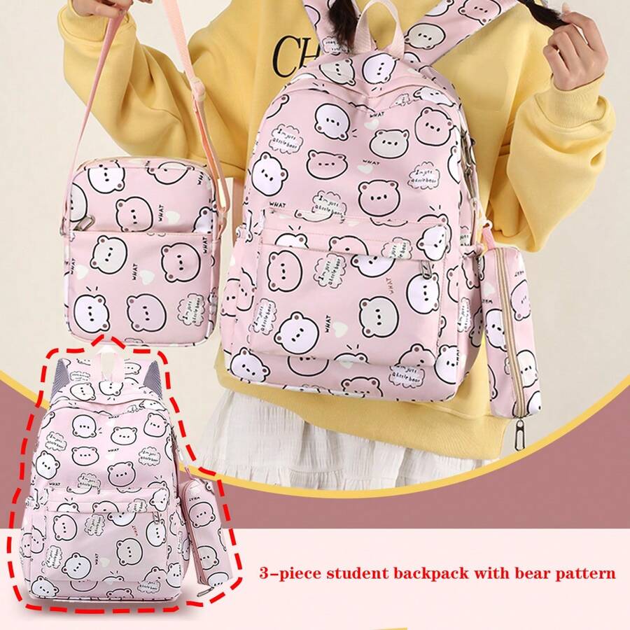 Cute bear pattern 3-piece backpack for elementary school students - Multicolor - View 1
