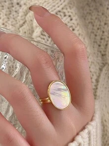 1 件纯银 S925 银复古优雅时尚椭圆形白色贝壳镀 18K 金开口指环适合女士女孩日常生活派对珠宝礼物 - 金色 - 查看 8