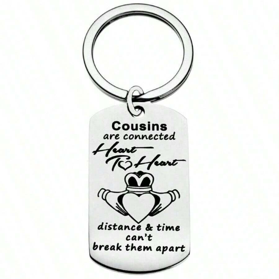 1pc Cousin Stainless Steel Keychain Key Ring Gift Connected Heart for Birthday Christmas New Year - Silver - View 1