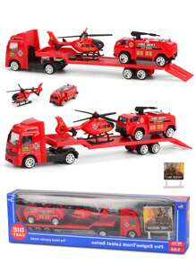 NEUSNEY 1 Set Of Inertial Trailer Truck Toy For Children, 1:64 Alloy Construction Vehicle Excavator Rolling Compactor Fire Rescue Helicopter, Plastic 4 Pieces Scene Simulation Parent-Child Interaction Christmas Gift For Boys And Girls,Toys For Boys,Boys Toys,Boy Toys,Boys Toys,Boy Toys,Fire Truck,Back To School
